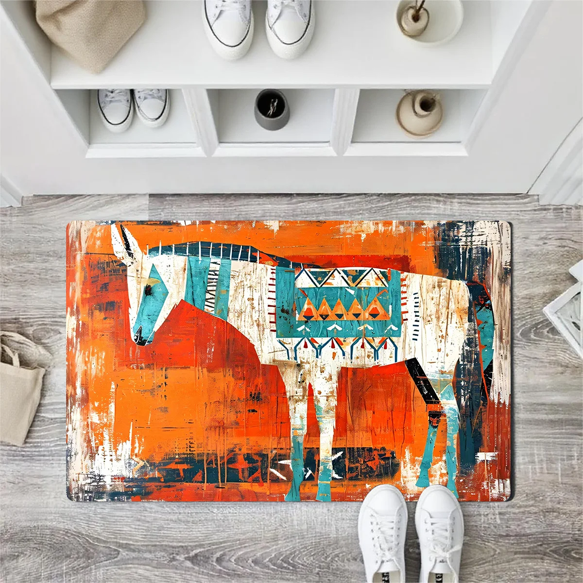 

1 шт. абстрактный коврик с изображением лошади – геометрический художественный дизайн в оранжевых и синих тонах для прихожей, гостиной и спальни.