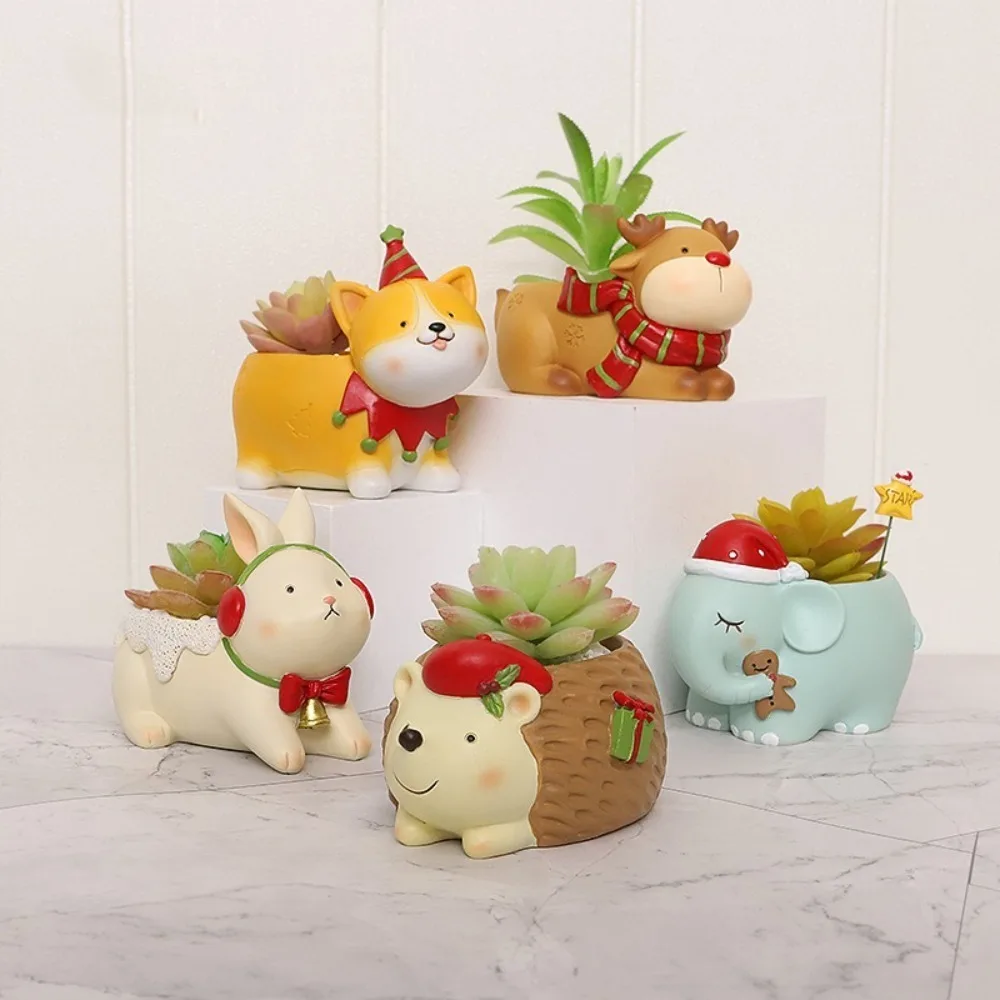 Cute Animal Shaped Cartoon Flower Pot Resin Desktop Animals Flowerpot Gift Bunny Reindeer Succulent Planter Home