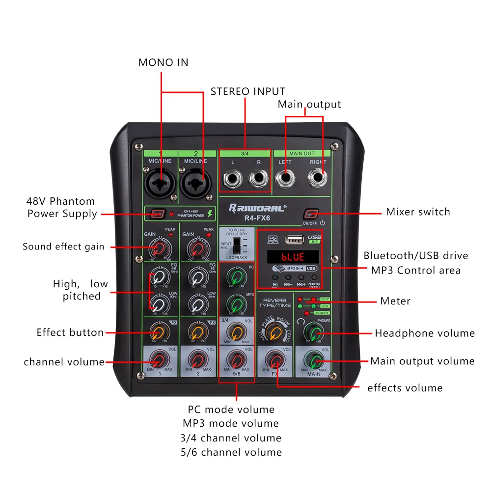 R4-FX6 휴대용 USB 블루투스 오디오 인터페이스, 중국산 전문 오디오 믹서, 4 채널