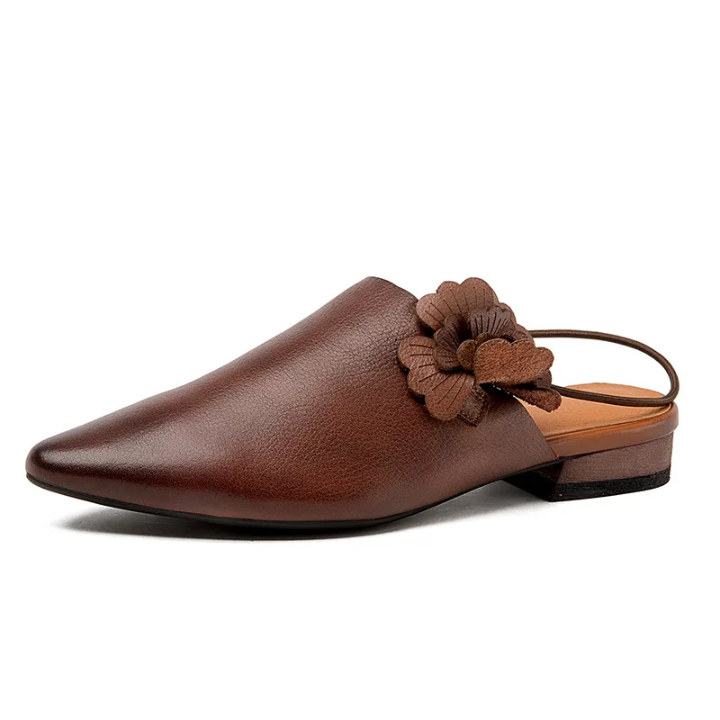 

2.8cm Summer Point Toe Genuine Chunky Women Natural Leather Sandals Flower Fashion Ladiy Ethnic Appliques Slippers Shoes