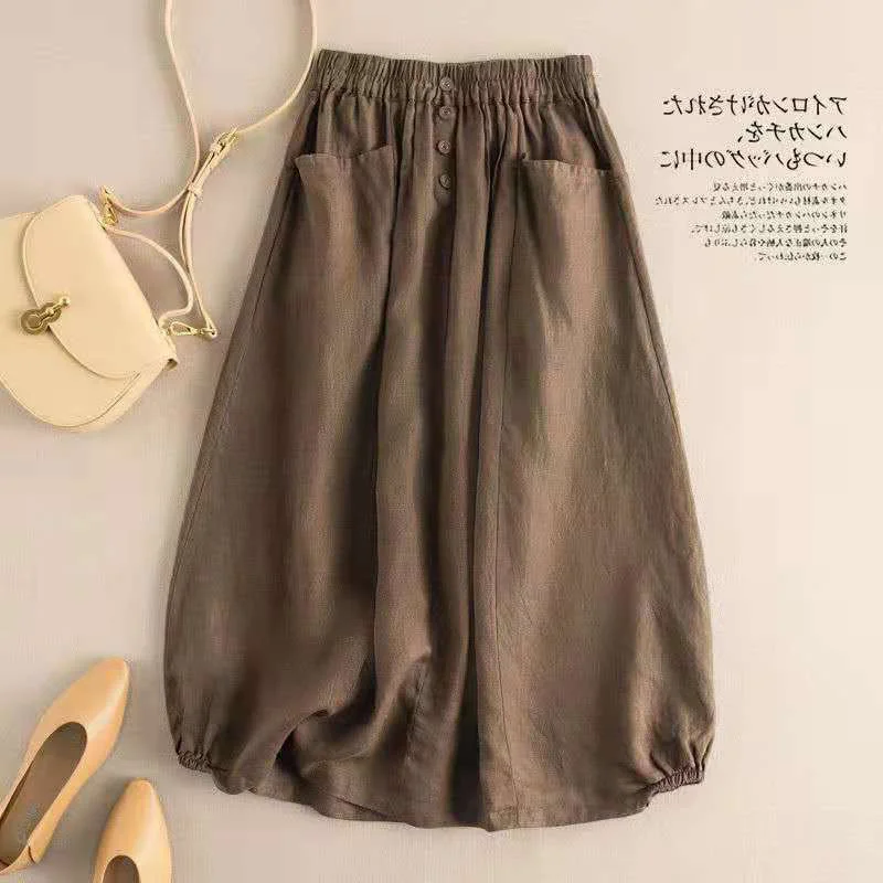 High Waist A-Line Lantern Skirt Casual Cotton Linen Women's Mid-Length Vintage Style  Color Commute Design Summer 
