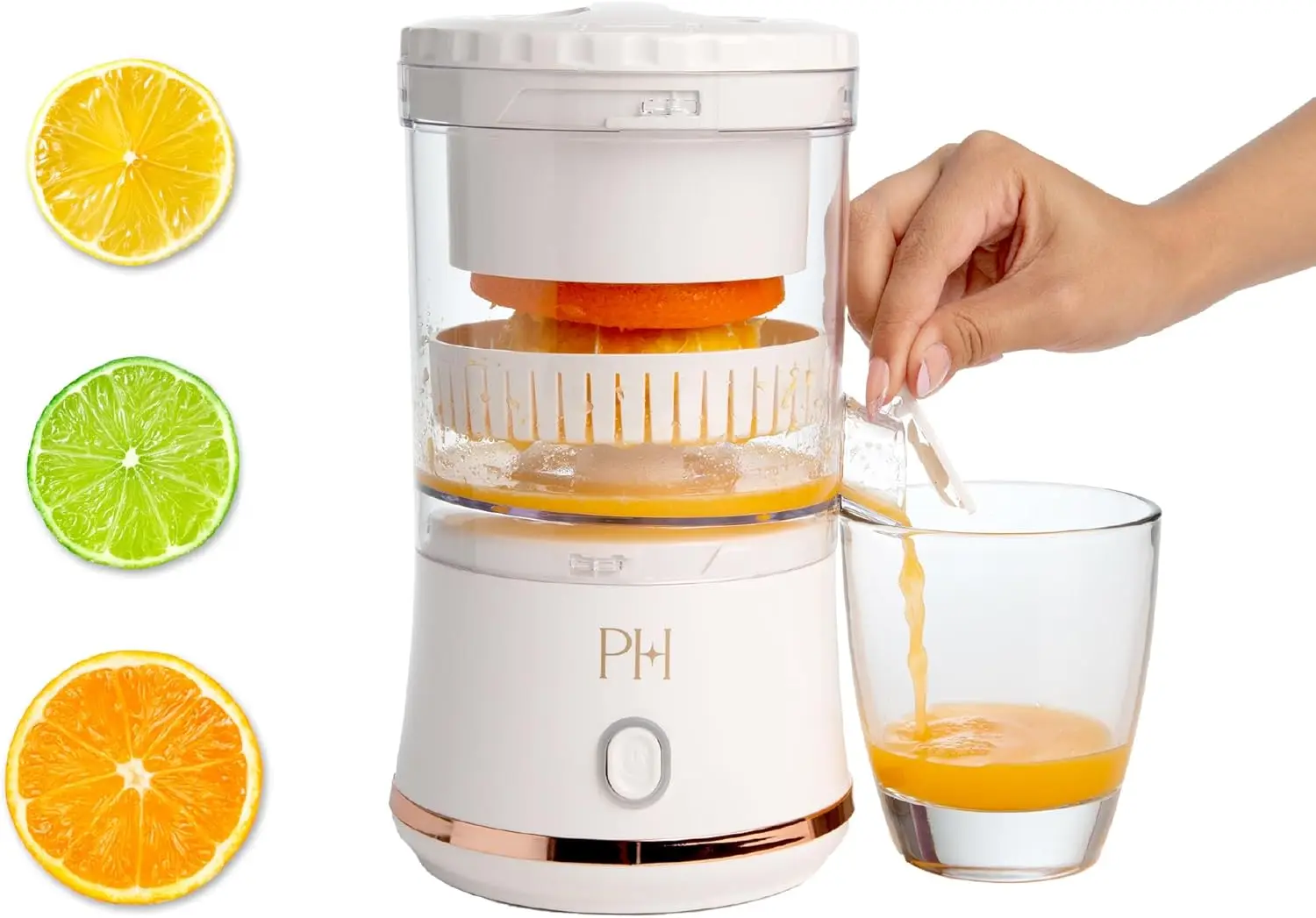 

Electric Citrus Juicer, Mini Portable Cordless with USB Rechargeable Base, One-Touch Button for Lemon Lime Orange, White