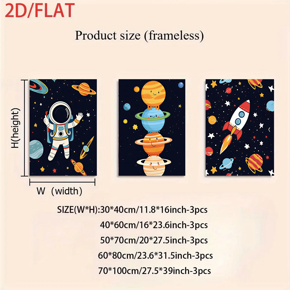 1 set of children's room cartoon space theme triple frameless decorative painting astronaut planet rocket pattern 2D plan
