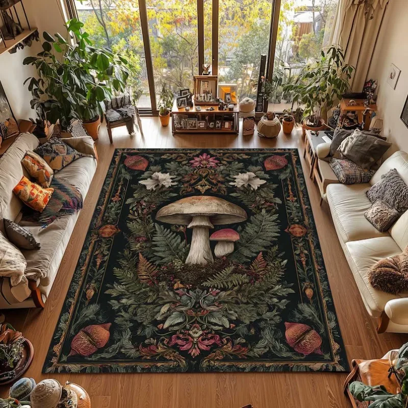 Alfombra de bosque de setas encantadas, centro de mesa gigante de toadstool con felmón y borde floral, alfombra antideslizante de área grande para decoración natural