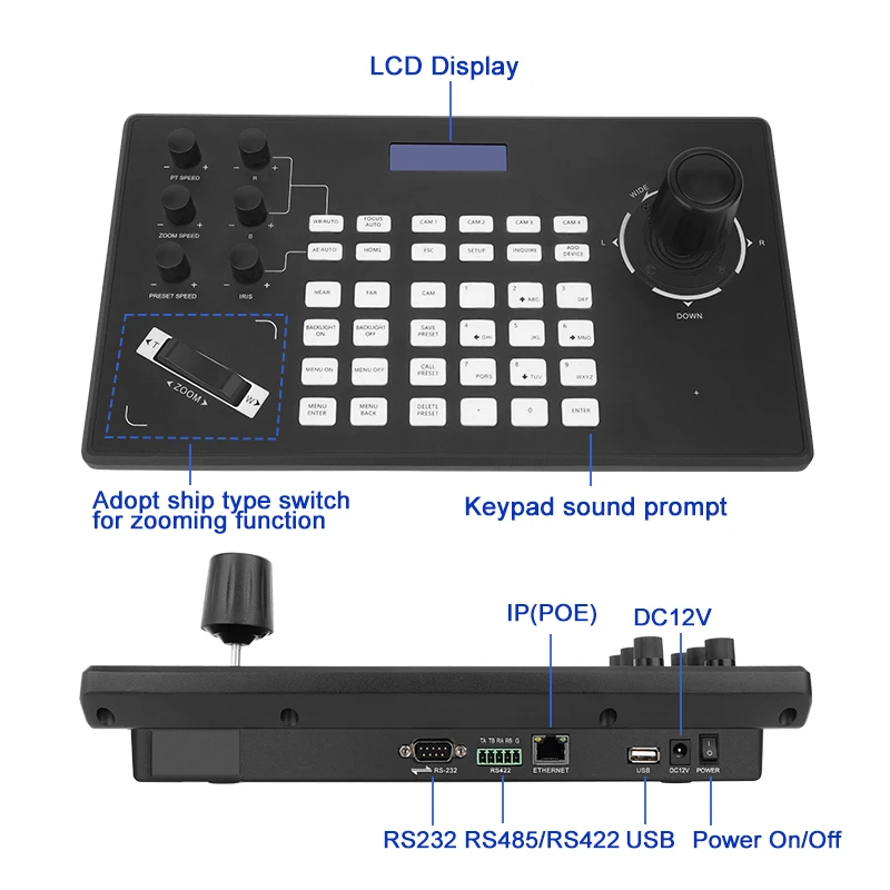 PTZ pengontrol Joystick kamera mendukung RS422 RS485 RS232, layar LCD dan pengontrol Keyboard kamera IP untuk kamera POE NDI PTZ