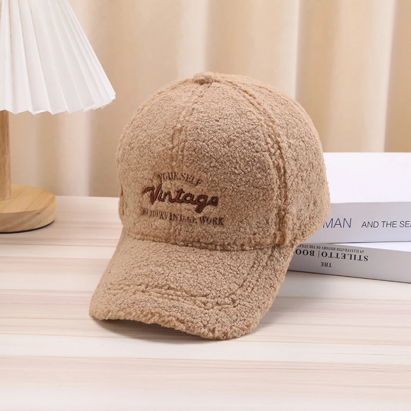 Autumn Winter Thick Lamb Fleece Baseball Cap Outdoor Golf Cap Korean Style Fashion Letter Embroidery Duckbill Cap In Stock