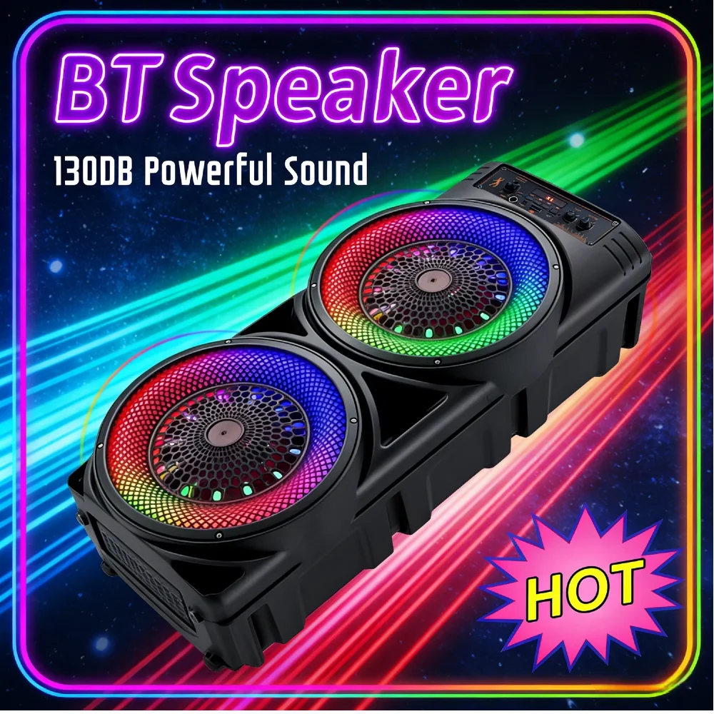 Głośnik Boombox na imprezy plenerowe z funkcją mówienia, kompatybilny z Bluetooth, głośnik zewnętrzny z podwójnym subwooferem, głęboki bas, synchronizacja muzyki z oświetleniem RGB.