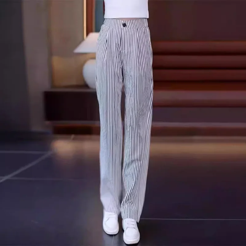 

Striped Ice Silk Leggings Women's Thin Women's Pants High Waist Narrow Wide Leg Pants Casual Straight Trousers