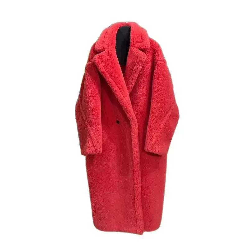 High Quality Coat Winter Women 20 Color Max Teddy Bear Long Length Real Sheep Wool Cashmere Silk Thick Warm Turn-Down Collar