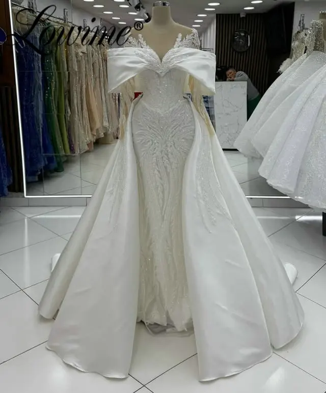 

Элегантные вечерние платья цвета слоновой кости с открытыми плечами из двух частей, верхняя юбка с длинными рукавами по индивидуальному заказу, свадебные платья для помолвки