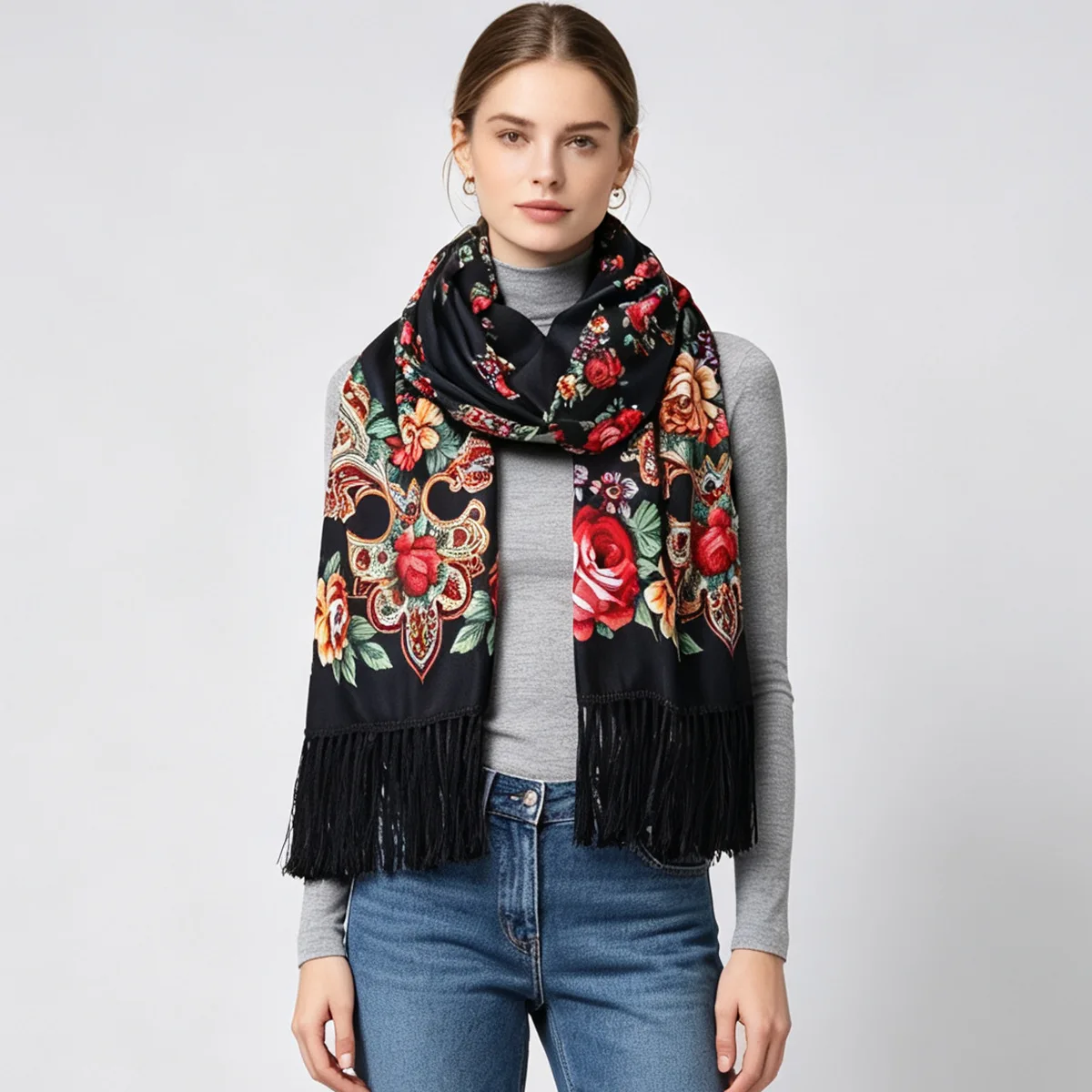 Russian Style Floral Print Women's Scarf Ukrainian Fringed Scarves Autumn Winter Babushka Handkerchief Head Wraps Travel Shawl