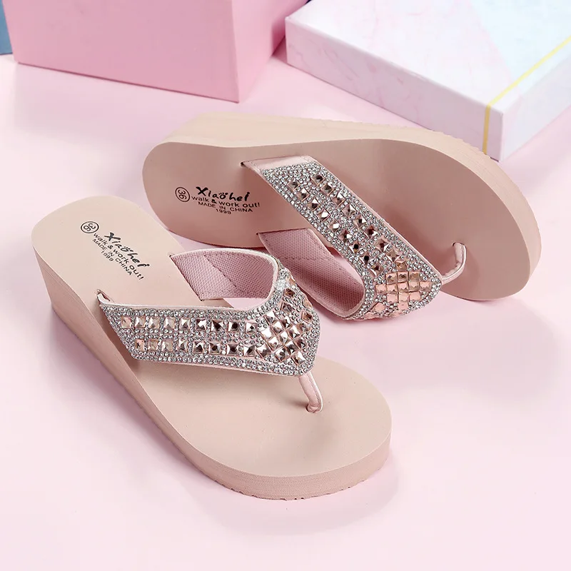 2024 Summer Fashion New Sexy Casual Comfortable Solid Color Crystal Sandals Square Toe Flat Heel Slippers Flip-flops Mujer