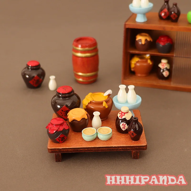 1 Juego 1/6 1/12 casa de muñecas en miniatura comida y juego simulación mesa baja mesa cuadrada tarro de vino tazón de vino modelo de saquê