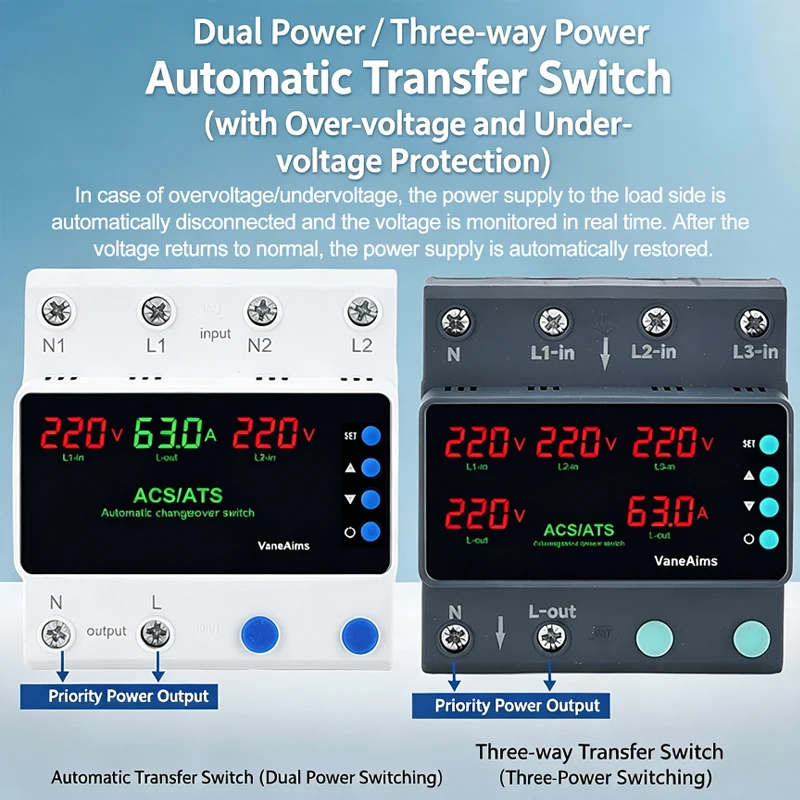 Dual Power ATS 63A 100A 220V Automatic Transfer Switch Over Under Voltage Current Protector Three Power DIN Rail Mount Relay