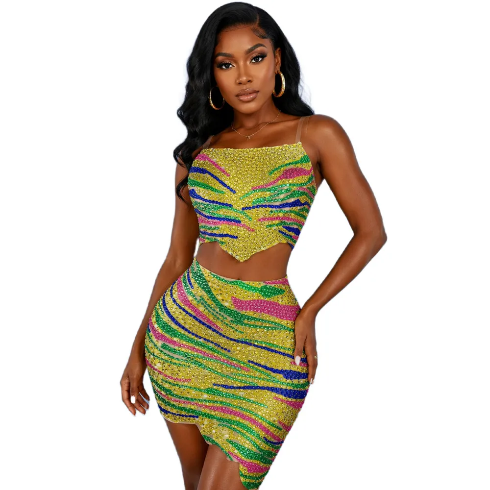 Sexy Spaghetti Strap Rhinestone Vest Top Bodycon Mini Skirts 2 Piece Sets Women Birthday Party Dress Female Night Club Outfit