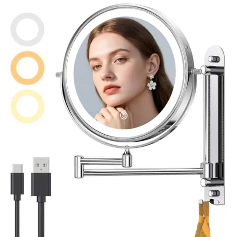 

Gospire 9" Wall Mounted Makeup Mirror with Magnification 10X 7in Height Adjustable Vanity Lighted Mirrors for Bathroom Wall 360