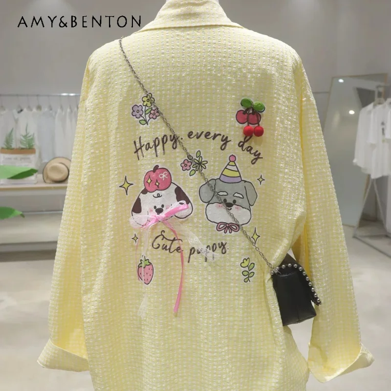 

Women's Y2k Blouse 2026 Summer Cute Cartoon Bow Cartoon Print Plaid Long Sleeves Thin Loose Midi Blusas Shirt For Young Girls