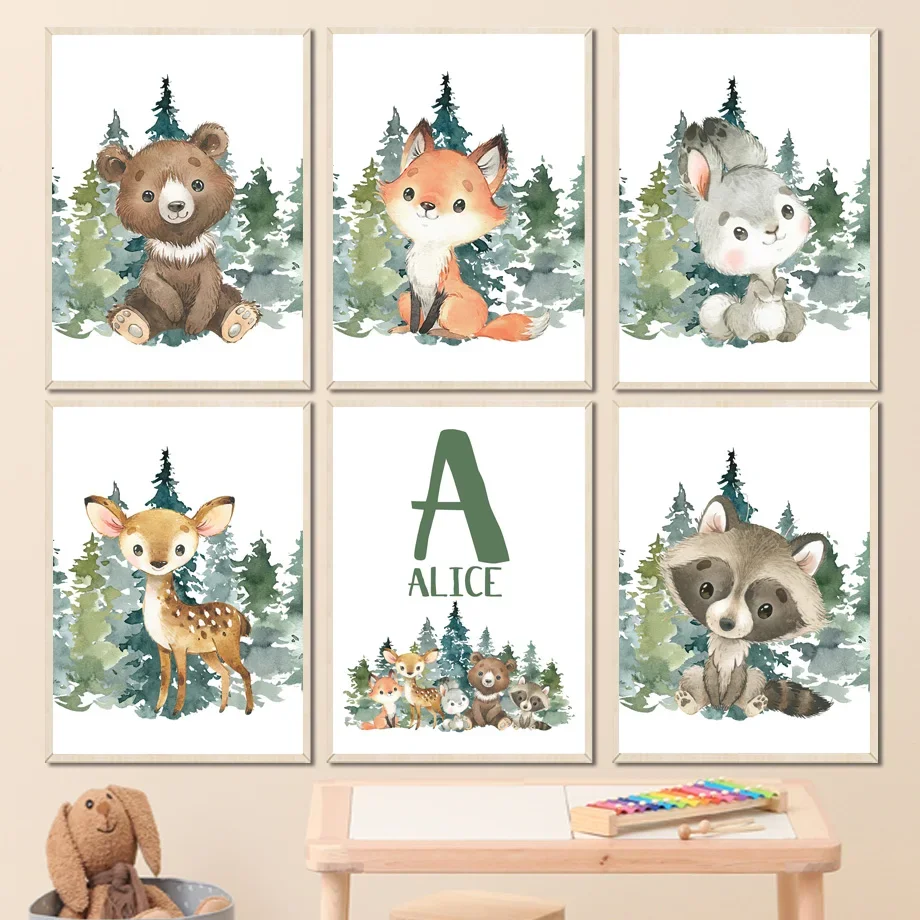 

Watercolor Forest Animals Fox Raccoon Deer Custom Letter Art Canvas Painting Nordic Posters Prints Wall Pictures Kids Room Decor