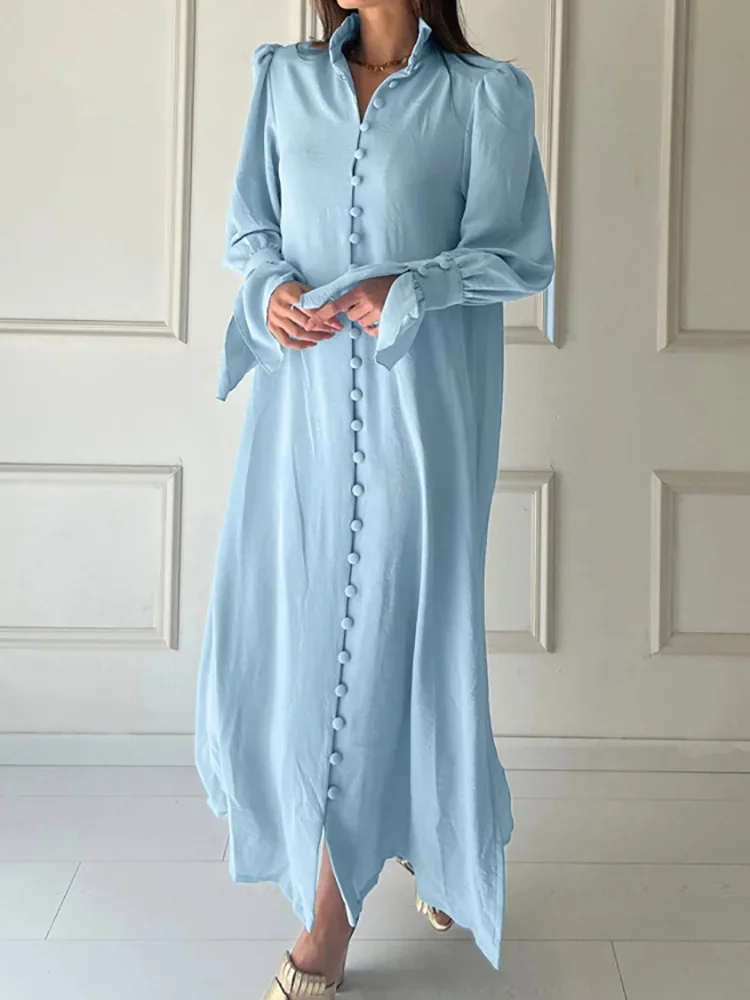 

Long Flare Sleeve Fashion Solid Party Dress, 2024 Loungewear Stand Collar Patchwork Maxi Dress, New Single-Breasted Ladies Dress