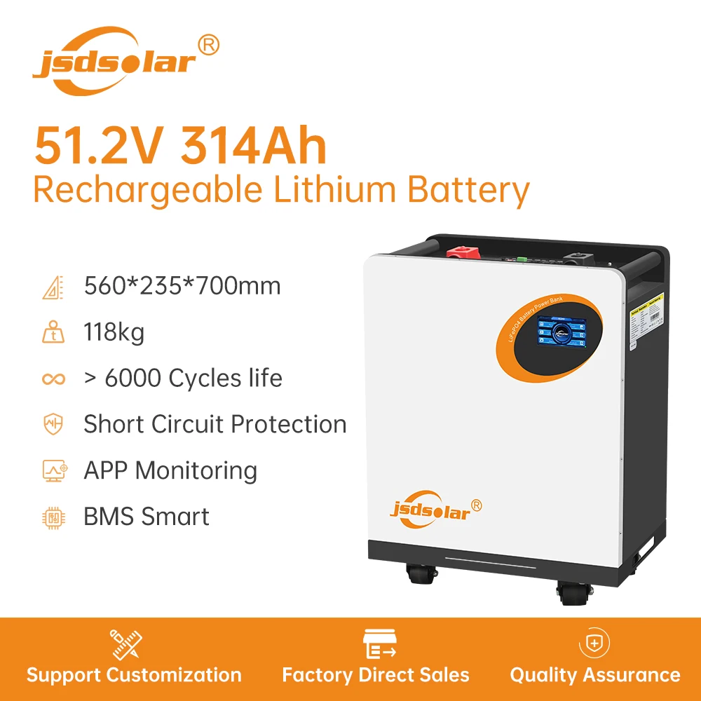 Jsdsolar Home 16kWh Solar Battery with BMS  51.2v 314Ah  10kWh 15kWh Lifepo4 Battery Low Price High Capacity  in Stock