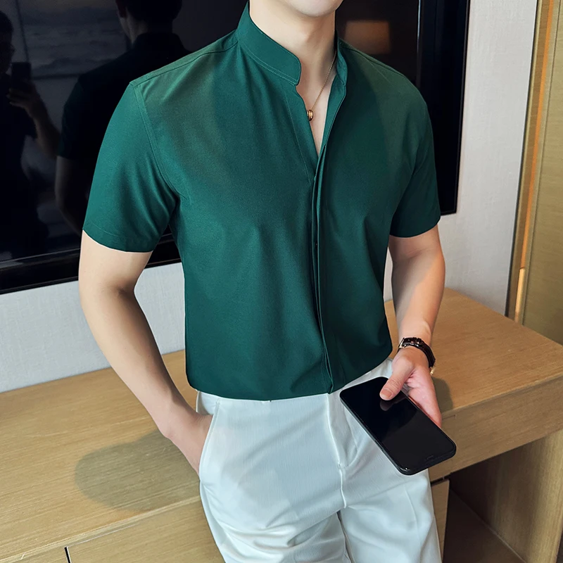 short neck dress shirt Stand Collar Short-Sleeved Shirt, Men's High-Grade White V-Collar Shirt, Drape Stretch Fashion