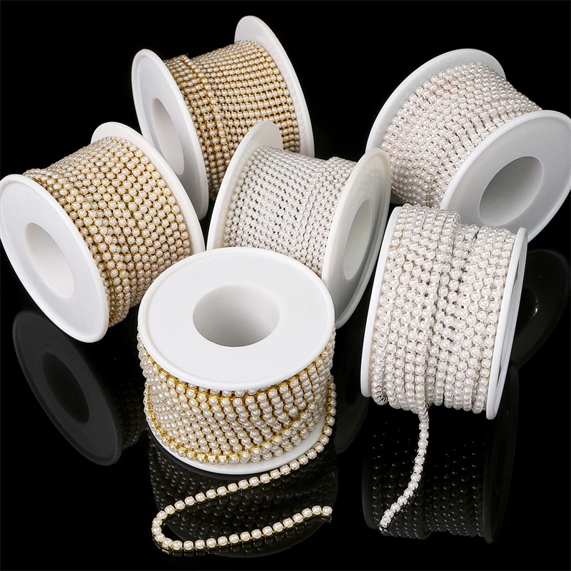 1Yard Pearls Rhinestone Chain Gold Silver Color Copper Cup Chains Trim For Jewelry Making Components Craft DIY Sew-On Clothes