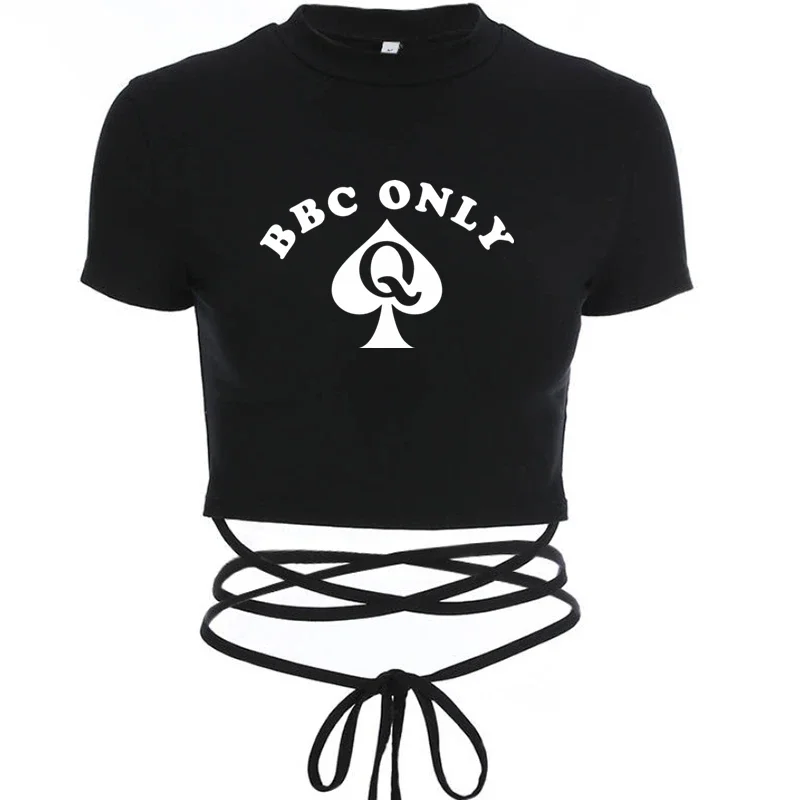 Queen of Spade BBC ONLY Summer Black Short Women T-Shirts Ladies Sexy Crop Tops Short Sleeve Bandage Tee Tops Female Shirts