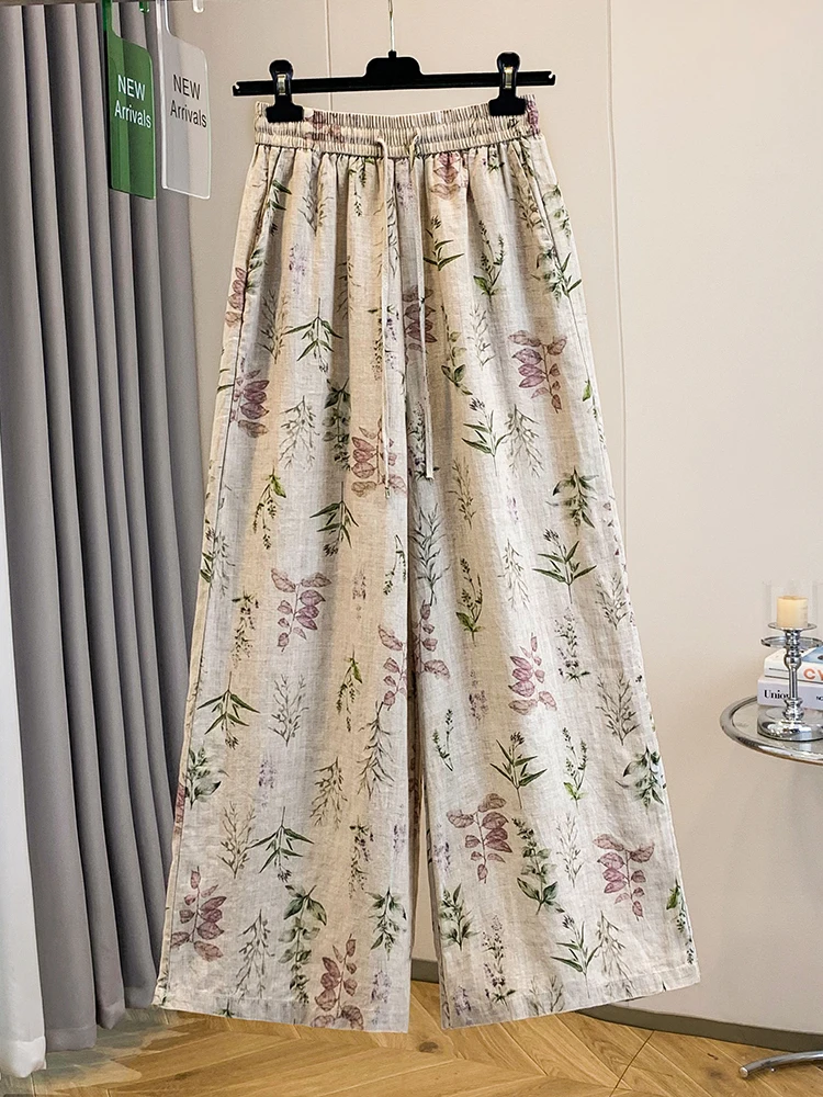 Retro Style Cotton Linen Print Wide Leg Pants Women Summer New Loose Versatile Slimming Elastic Waist Draping Casual Long Tro...