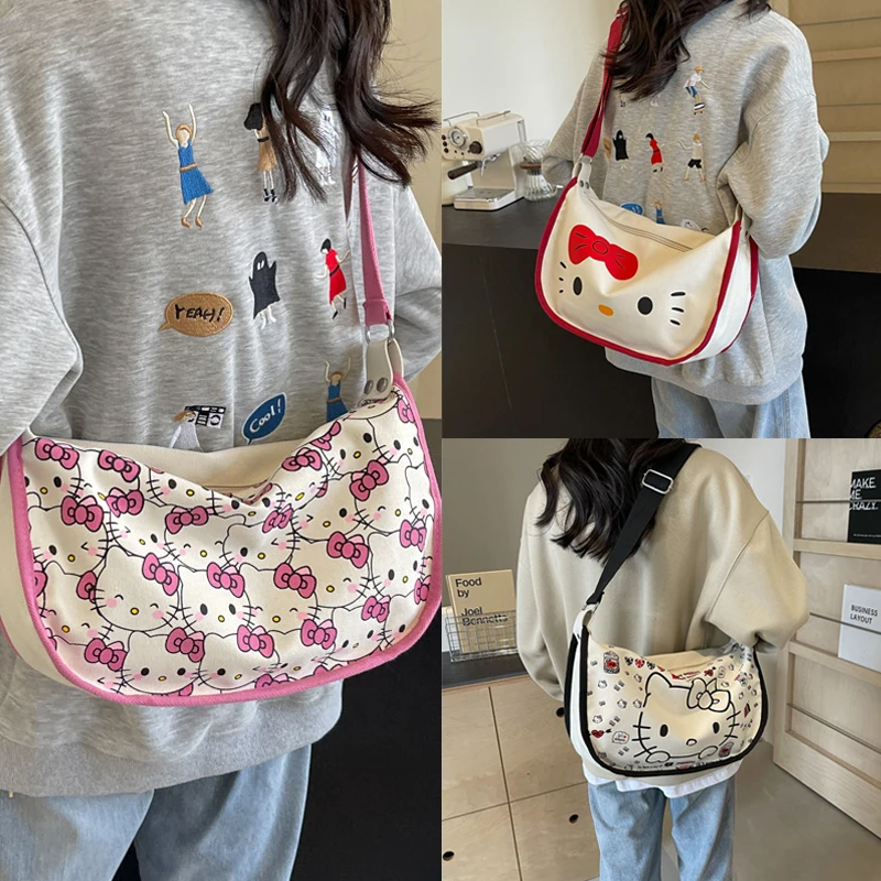 Sanrio Hello Kitty Messenger Bag Kt Cat Backpack Girls Underarm Bag Kawaii Trendy All-match One-shoulder Printed Bag Woman Gift