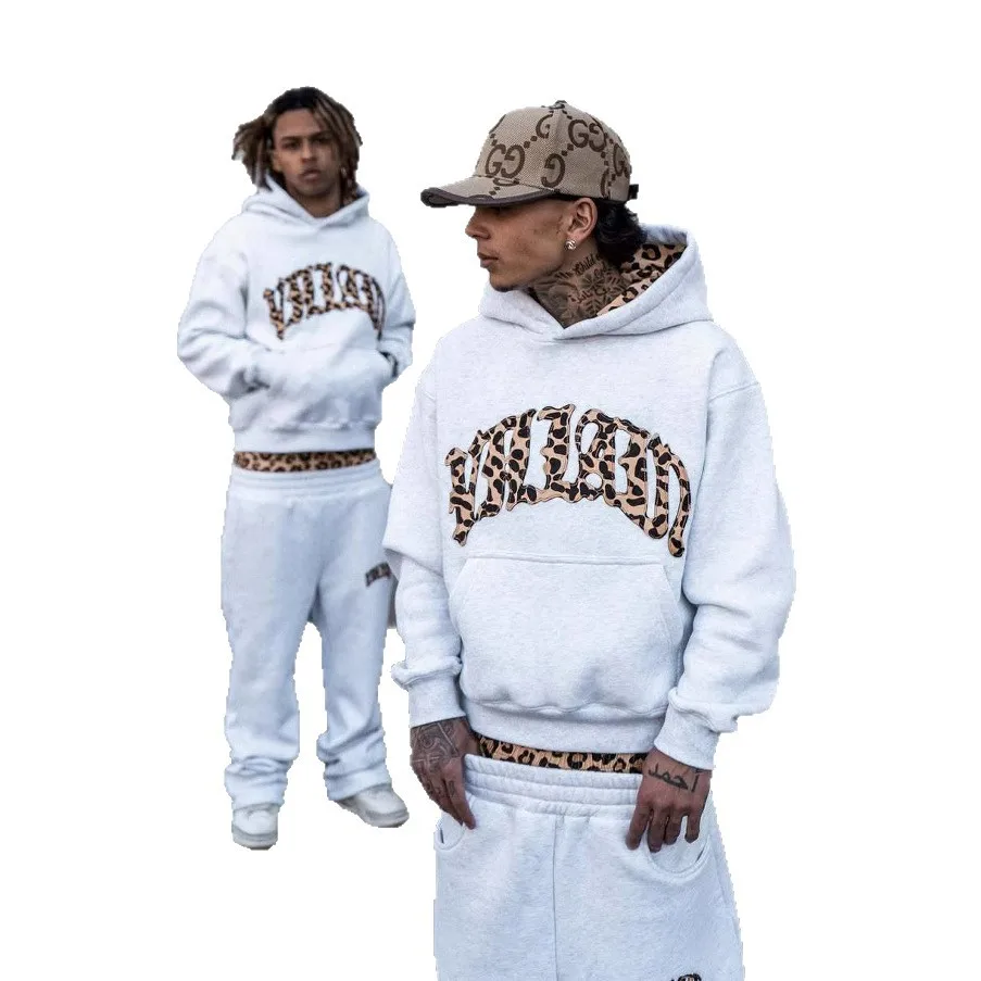 Men's Leopard Print Letter Tracksuit Set, Y2K Hoodie & Joggers Two Piece Sets Man, Streetwear Casual Women Sets