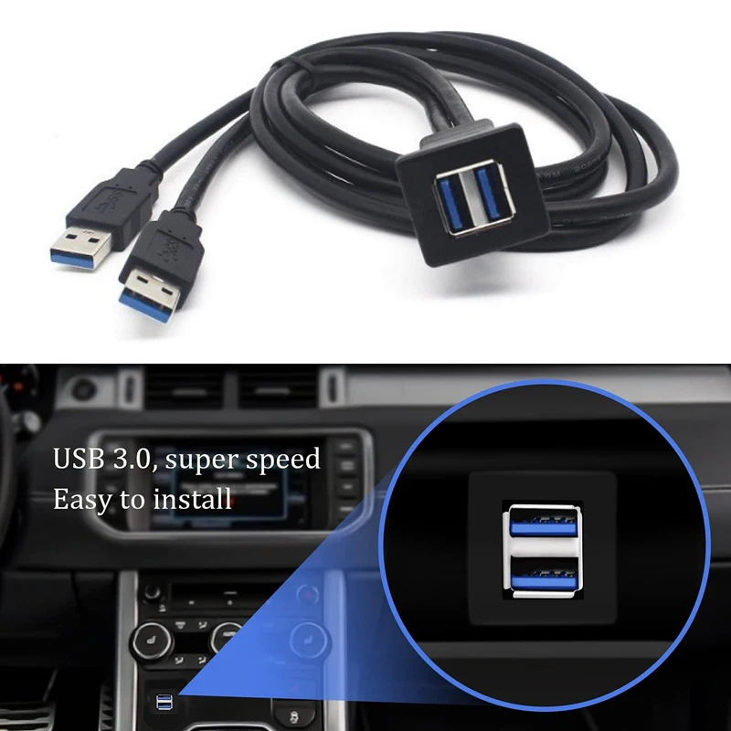 1m/2m 2 Ports Dual USB 3.0/2.0 Male To Female Extension Cable Flush Mount Dash Mount Panel Mount Cable for Car Boat Dashboard