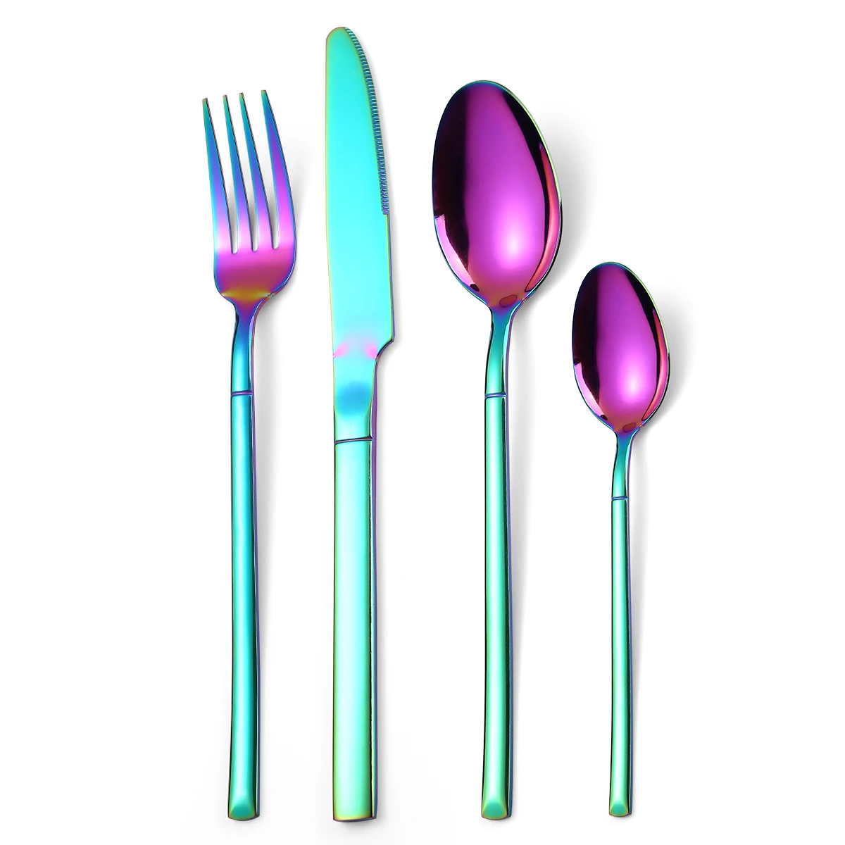 A · HOUSEWARE 48 Pieces Rainbow Stainless Steel Flatware Knight Square Handle Modern Cutlery Set for 12 Tableware Silverware