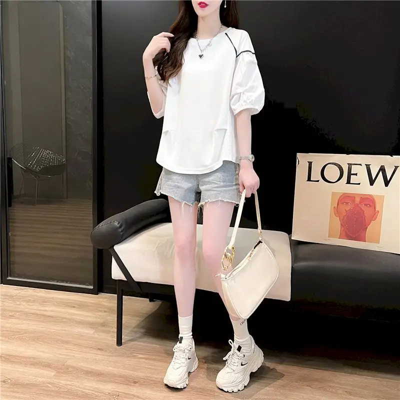 Bubble Sleeve T-shirts for Women Summer Trend Thin Tshirt Korean Chic Short Sleeved Top Color Blocked Loose Small Shirt Ins Tee