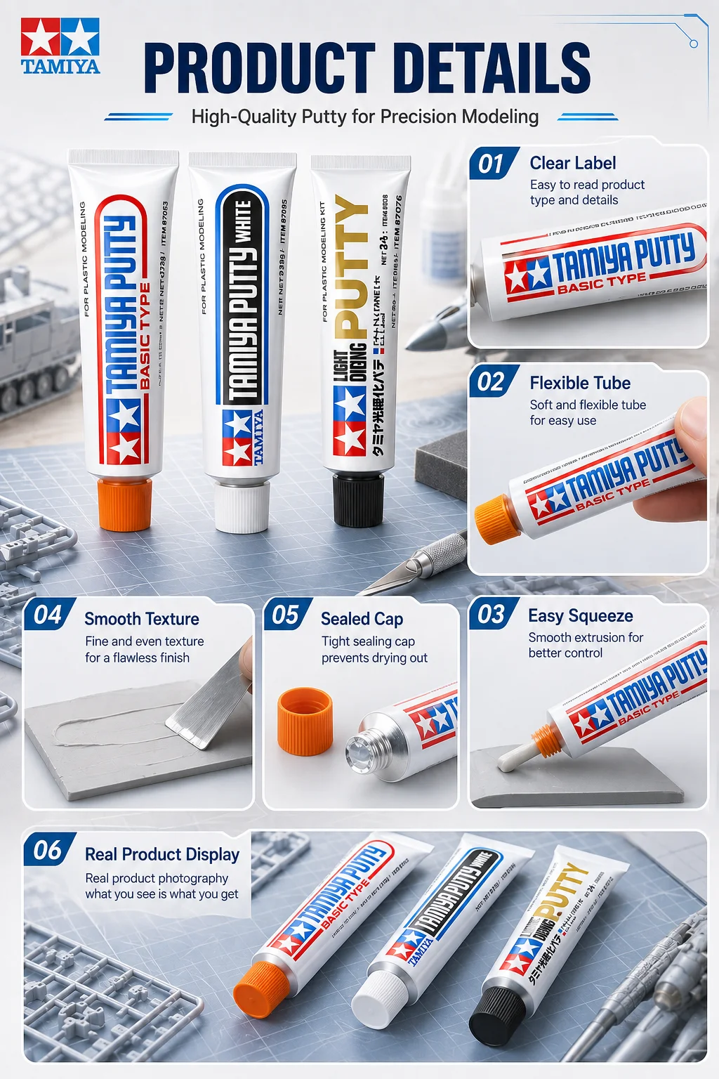 Großhandel Tamiya Putty 87053/87095/87076 Grau Weiß Zahnpasta Modell Werkzeug für Montage Figur Modellbau Reparatur Abdichten – Detail 6