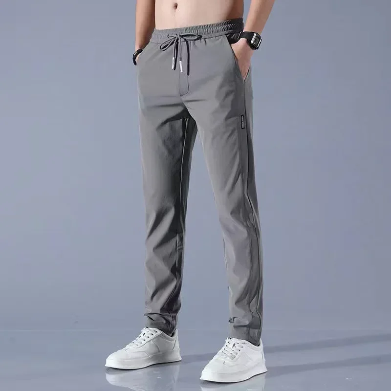 2025 Summer Men's Casual Pants Ice Silk Thin Sports Pants Men's Elastic Straight Trousers Breathable Quick-drying Pants Drop
