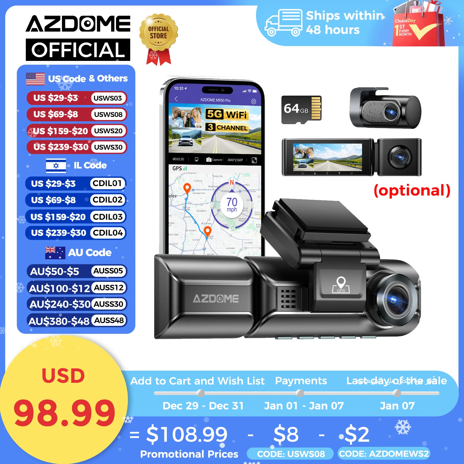 Upgrade AZDOME M550 Pro Car DVR Dash Cam 4K 5.8Ghz WiFi 2/3 Cameras Front/Cabin/Rear Cam GPS Night Vision Parking Monitor داش كا