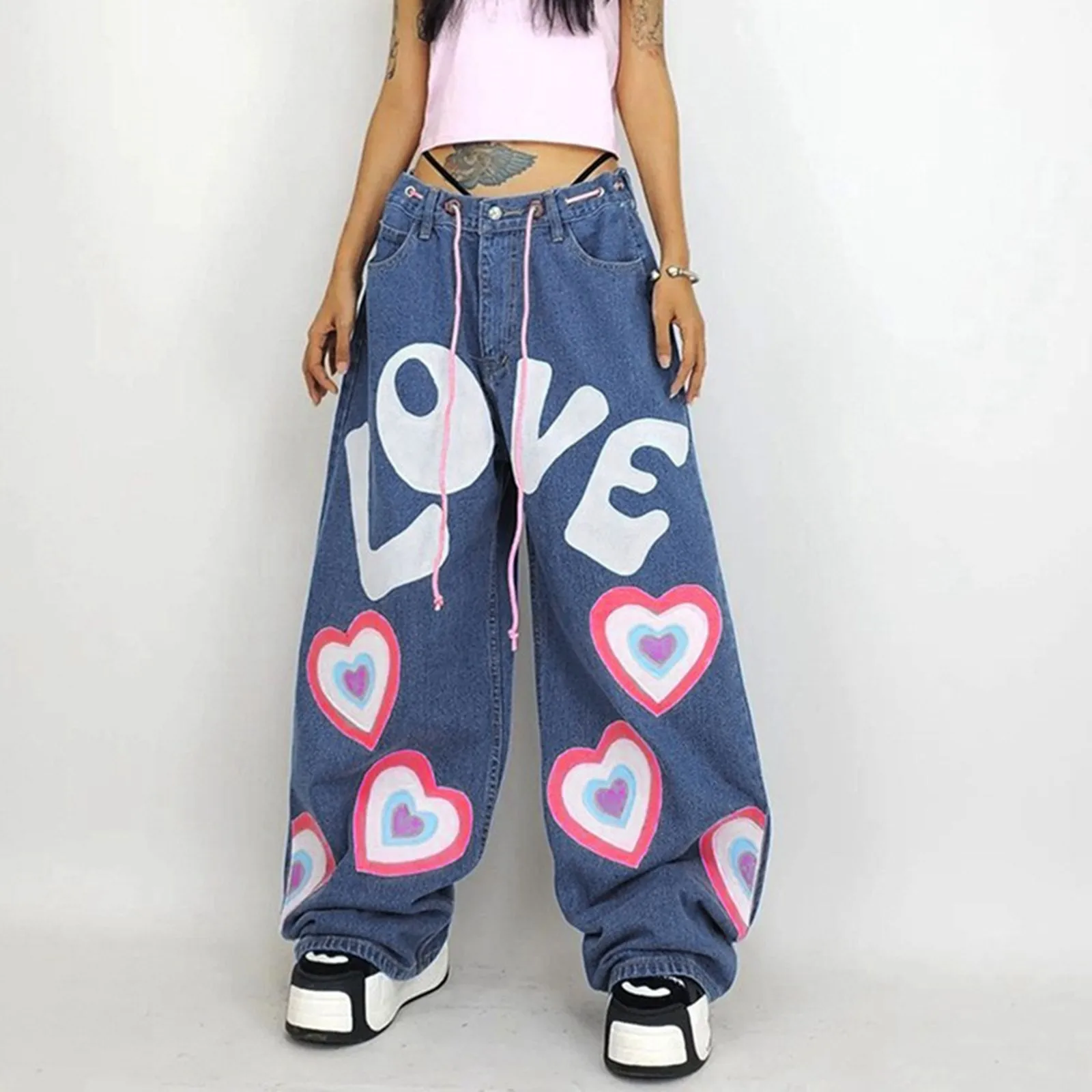 

Sweet Love Graffiti Print Women Loose Wide Leg Jeans Girls Everyday Casual Flared Denim Trousers New High Waist Drawstring Pants