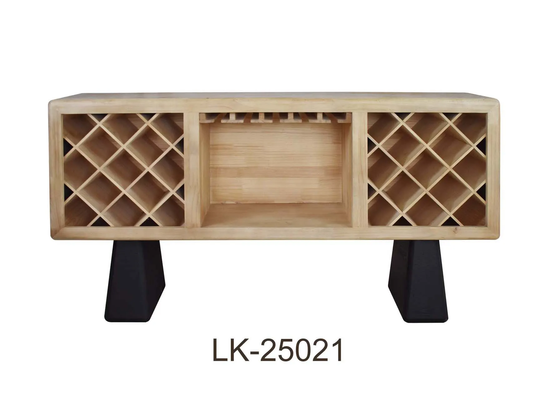 Solid Wood Wine Cabinet KD With Diamond Grid Rack 10-19 Bottle Stemware Holder Black Legs Modern