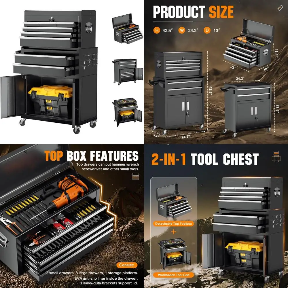 

Heavy-Duty 8-Drawer Rolling Tool Chest Cabinet Combo with Lock, Detachable Top Box, Side Hooks, Black Liners, and Long-Lasting D