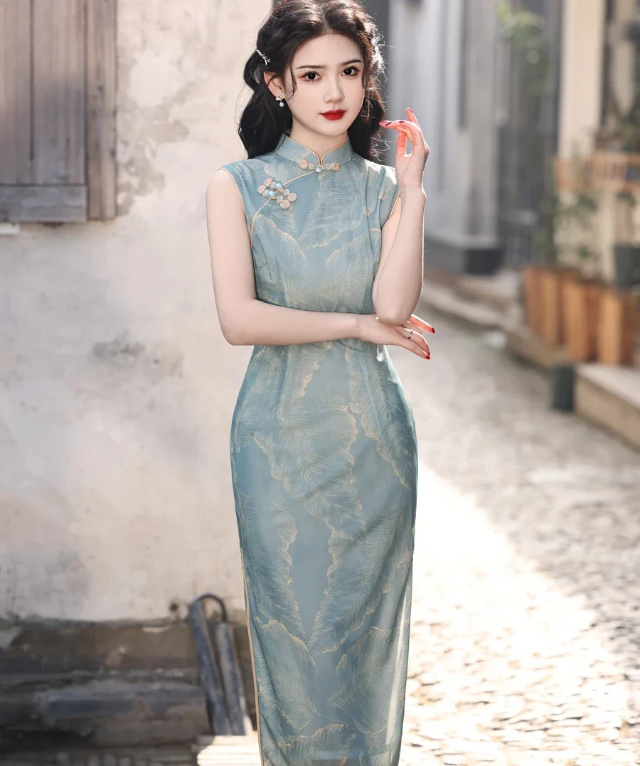 Vestido cheongsam sem mangas para mulheres, estampado em renda, fresco diariamente, elegante e slim fit, vestido qipao, estilo chinês, novo, verão