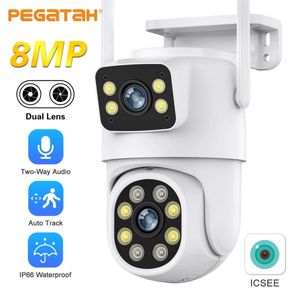 

8MP 4K Wifi Camera Dual Lens with Dual Screen Ai Human Detect Auto Tracking Wireless IP66 Outdoor Surveillance Camera iCSee App