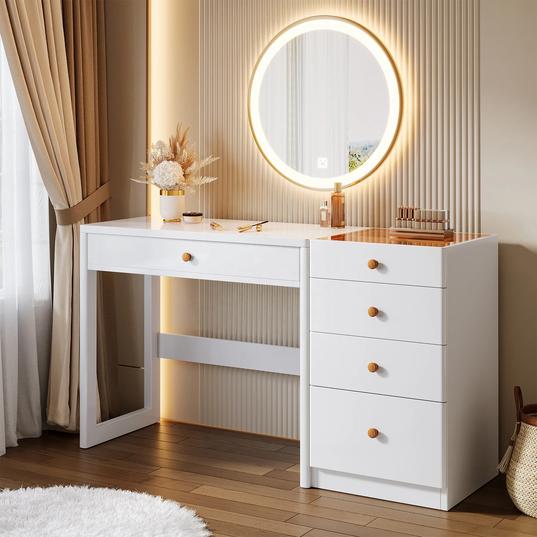 

Tribesigns 47" Vanity Desk For Makeup With 5 Drawers Modern Vanity Desk Makeup Desk With Lighted Mirror