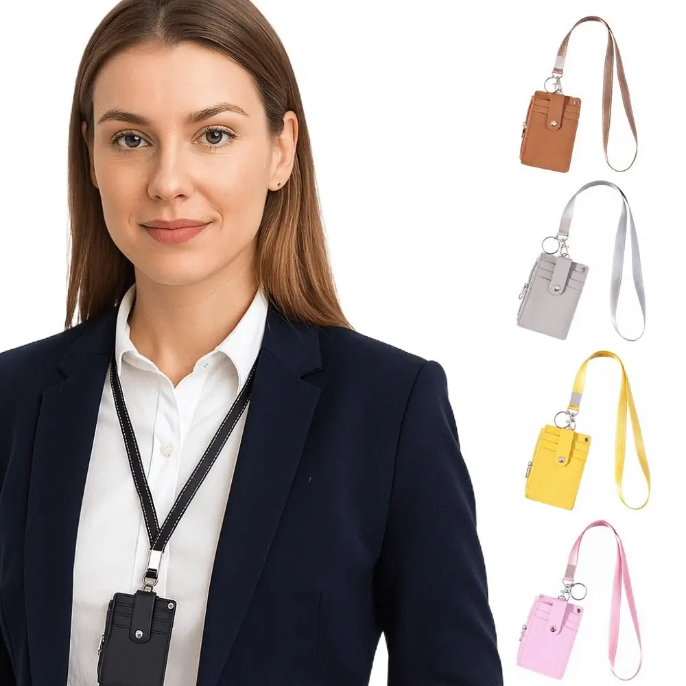 5 Card Slot Design Coin Purse Wallet Zipper Pocket PU Leather ID Card Holder Multi-compartment with Lanyards Neck Strap