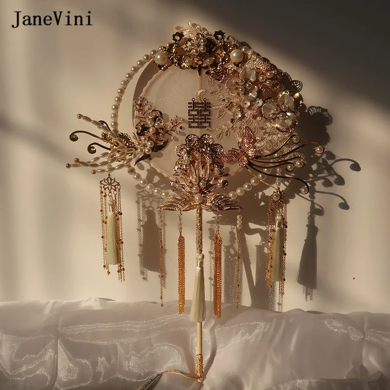 JaneVini New Luxury Gold Phoenix Pearls Chinese Bridal Bouquets Fan Artificial Lace Flowers Metal Hollow Fan Wedding Accessories