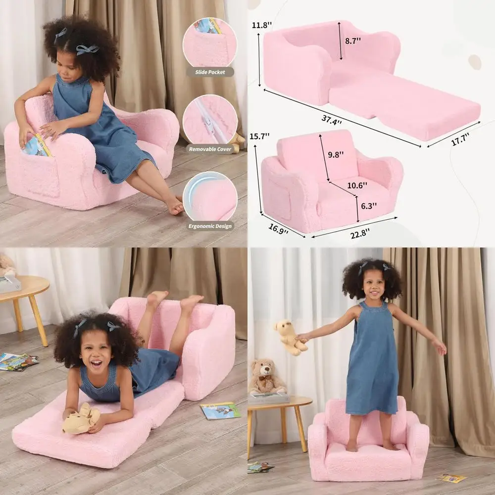

Convertible Toddler Couch, 2-in-1 Sofa to Lounger, Sherpa Fabric, Unisex, Pink