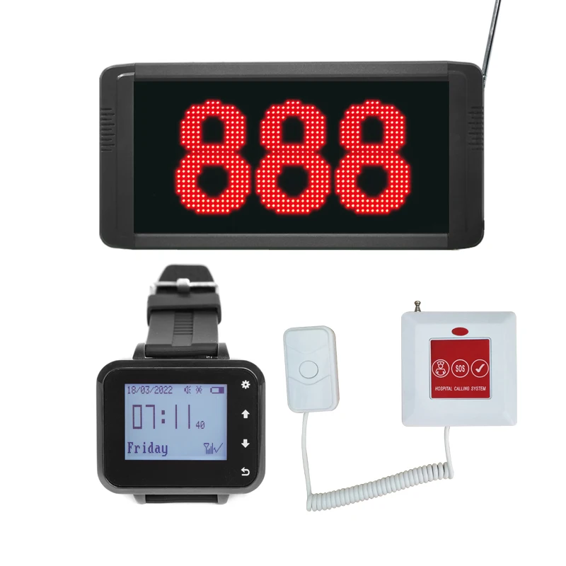 Hospital Clinic Nurse Alert Call Caregiver Buzzer System (1 Display 1 Watch 12 Bed Button) Wireless Waterproof for Nursing Home