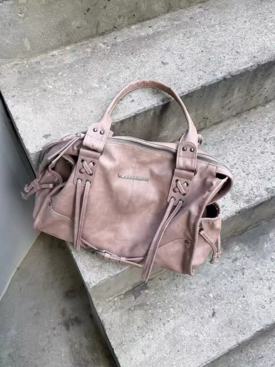 2026 New Vintage Moto Shoulder Bag Korean Sullyoon Same Style Large Capacity  Drawstring Rivet Crossbody Handbag for women