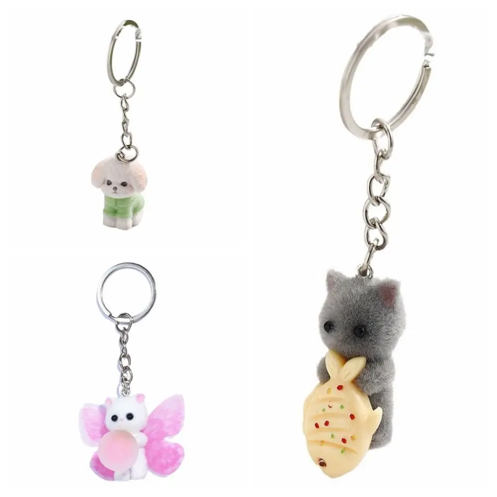 Backpack Ornament Flocking Flocking Cat Keychain 3D Cat Dog Fuzzy Cat Keyring Cute Cartoon Cat Keychain Gifts