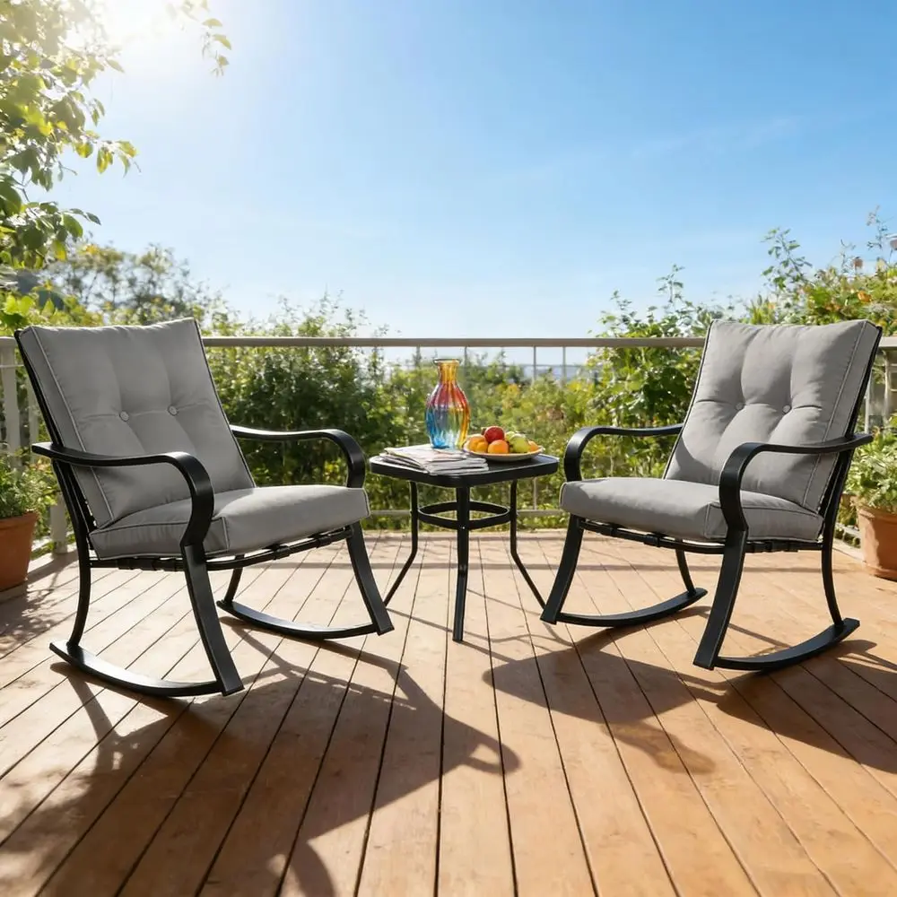 Outdoor 3-Piece Rocking Chairs Patio Bistro Set Black Steel urniture with Thickened Cushion and Glass-Top Coee Table, Grey view 5