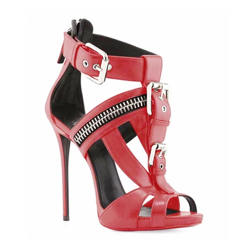 

【Measure your feet length before order】Gladiator Luxury Designer Women Sandal High Heel Buckles Zippers Punk Fetish Shoes I-SL-1